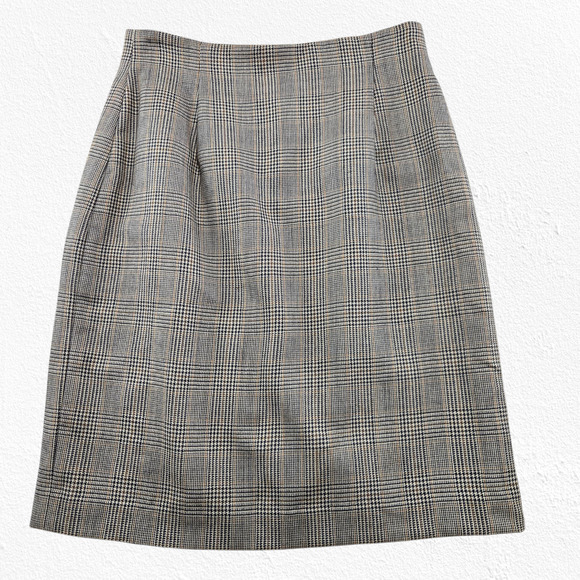 Halston Gray Tan Glen Check Wool Plaid Tailored Straight A-Line Skirt Size 10 - Picture 2 of 9